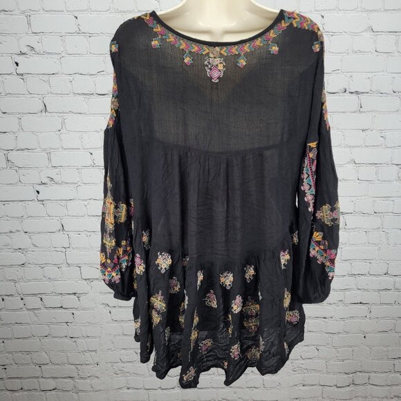 Free People Black Embroidered Long Balloon Sleeve Boho Tunic Top Blouse XS - Picture 2 of 13